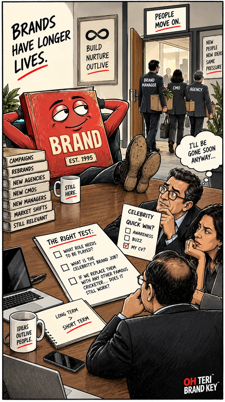 Illustration of an established brand remaining at a desk while the brand manager, CMO and agency leave through an office door, contrasting long-term brand life with short-term careers.