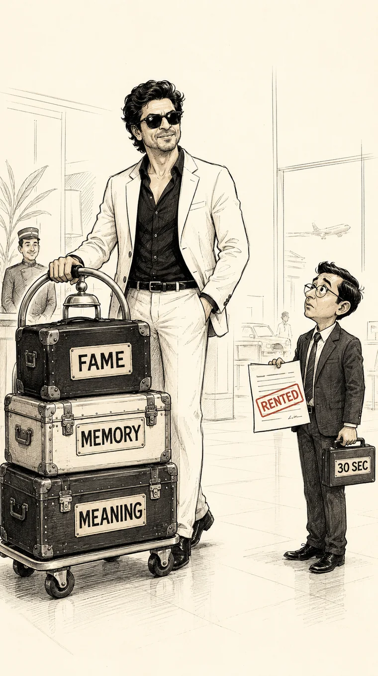 Illustration of a celebrity arriving with stacked luggage labelled Fame, Memory and Meaning while a marketer holds a document stamped Rented and a briefcase marked 30 sec.