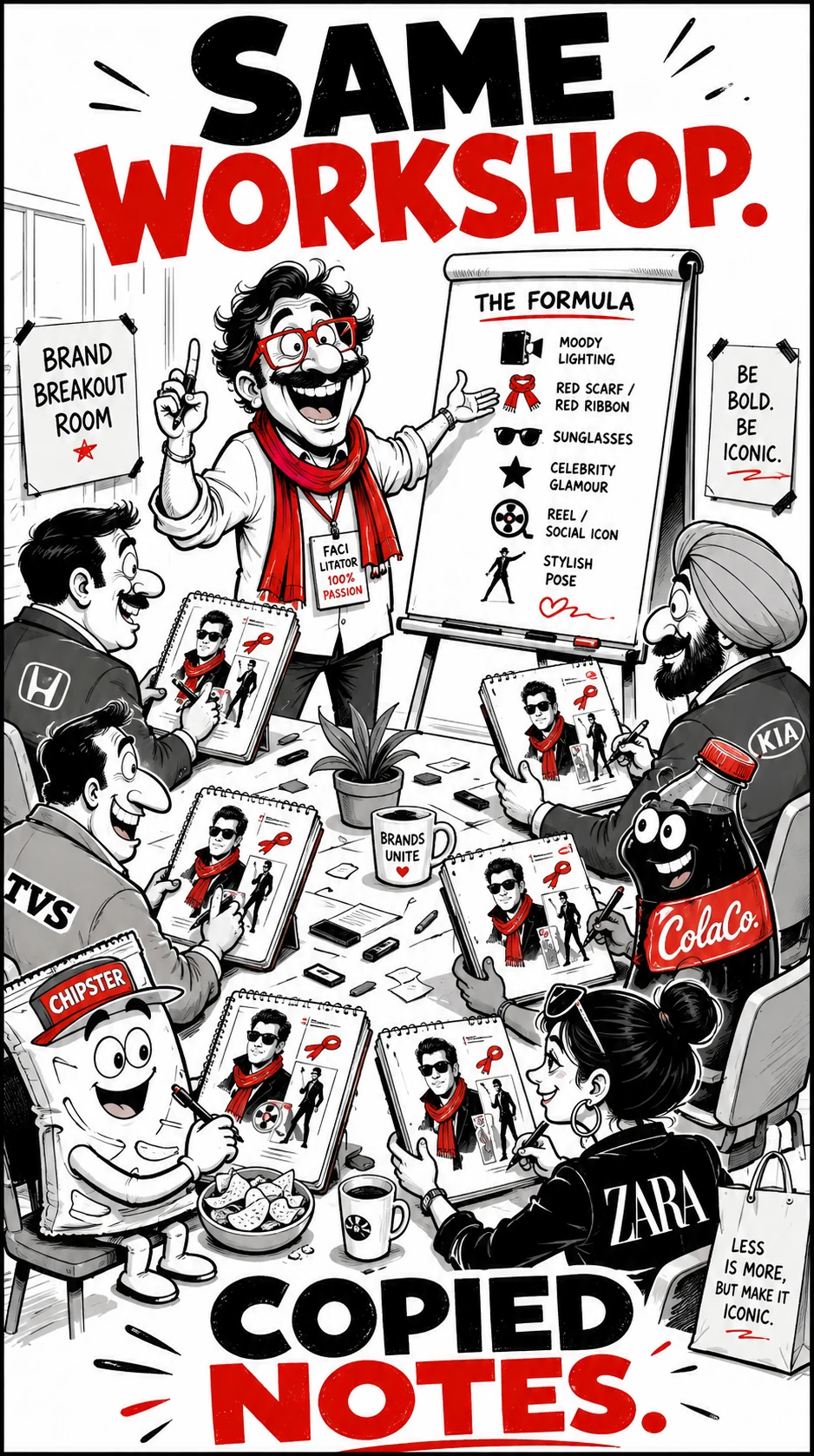 Editorial illustration showing different brands in the same creative workshop using the same formula