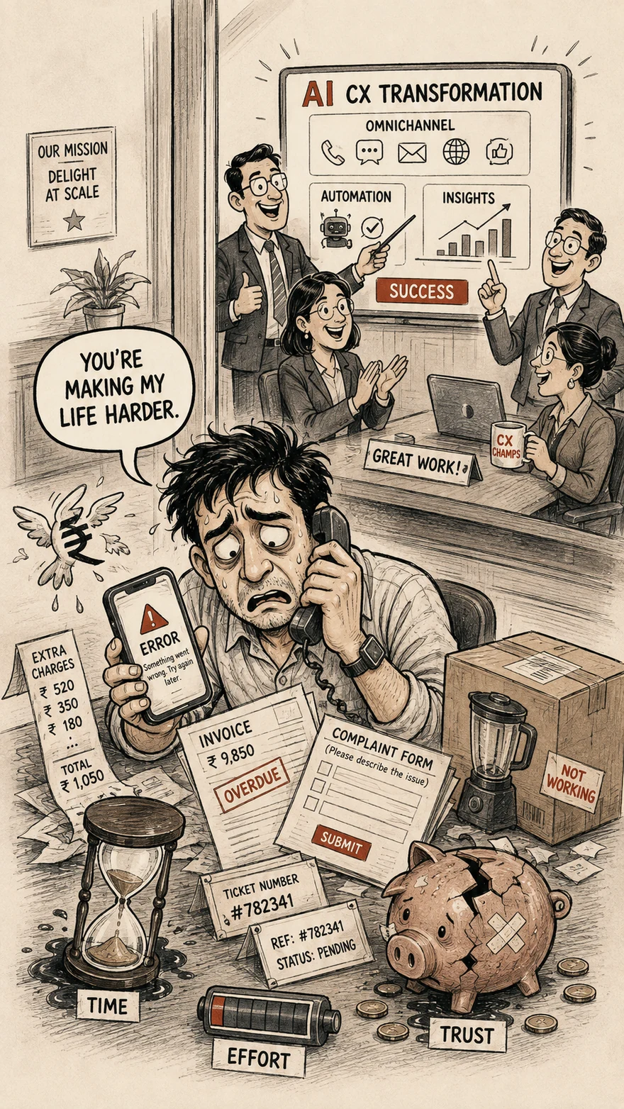 Editorial illustration contrasting a company's CX transformation dashboard with a customer dealing with service friction