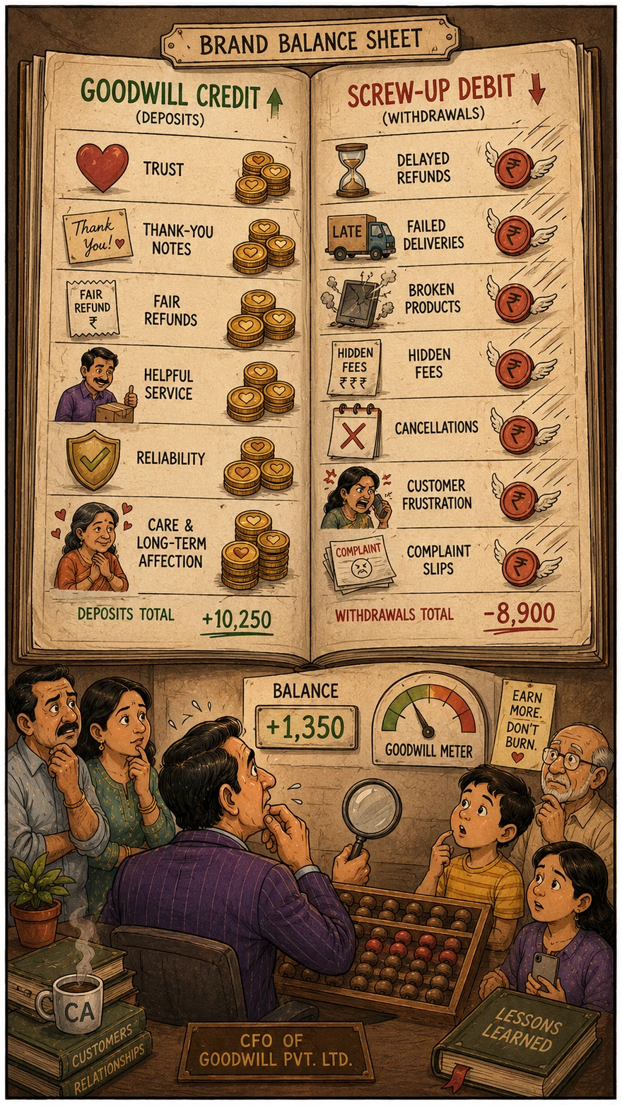 Editorial illustration of a brand balance sheet comparing goodwill credits with customer screw-up debits