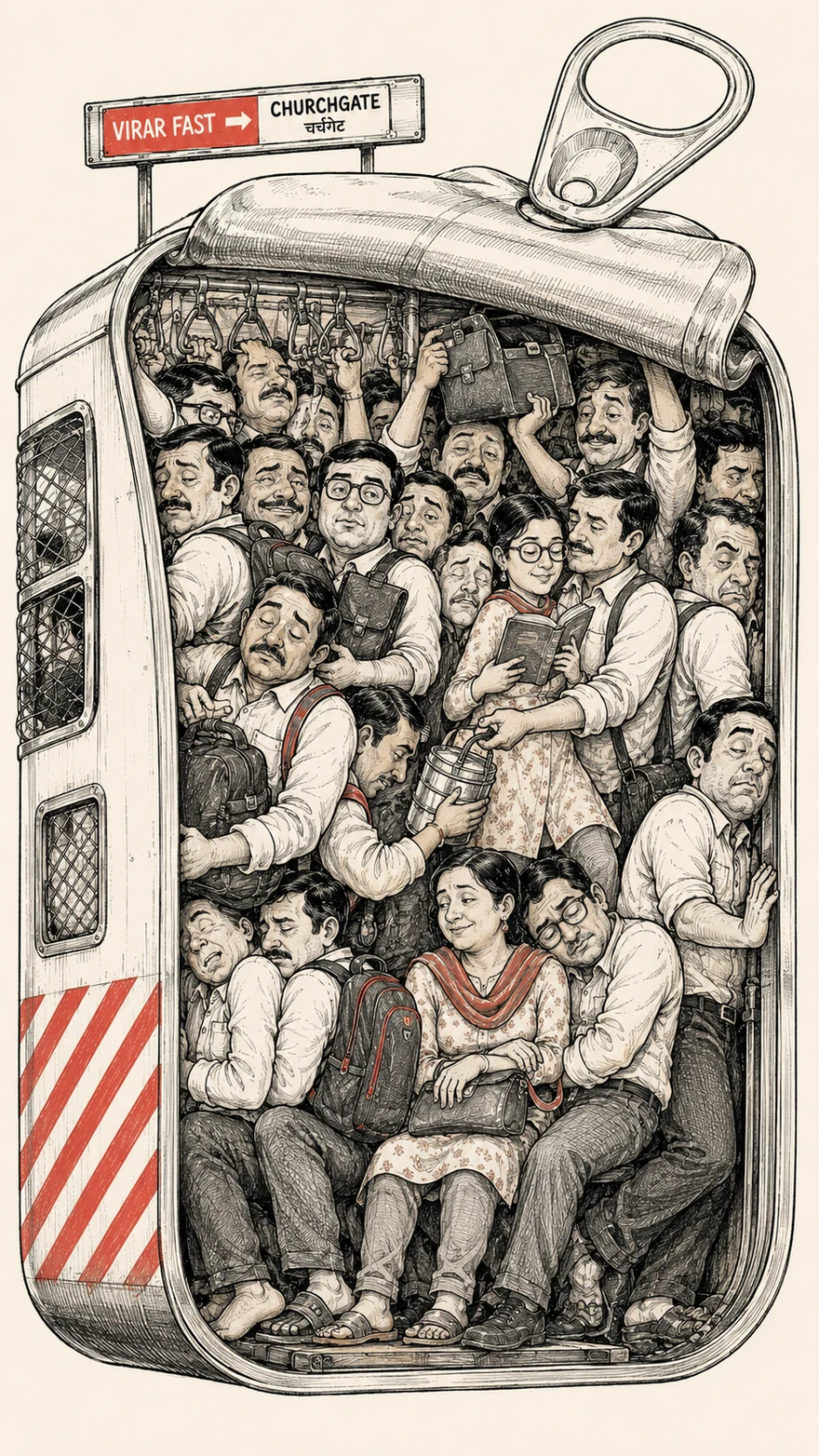 Editorial illustration of a crowded Mumbai Local compressed into a sardine can