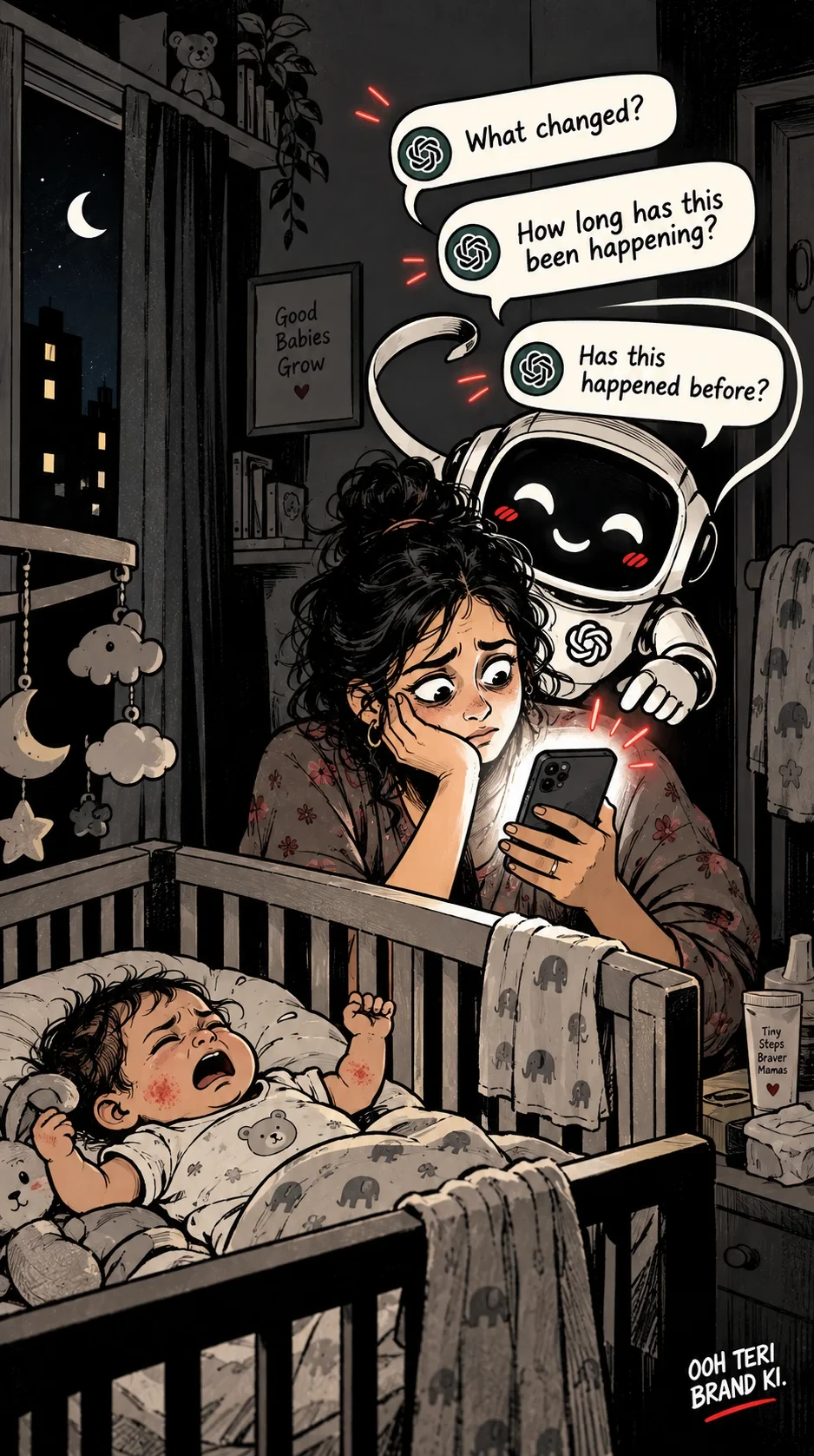 Mother consulting an AI assistant while worrying about a baby, illustrating sensitive context
