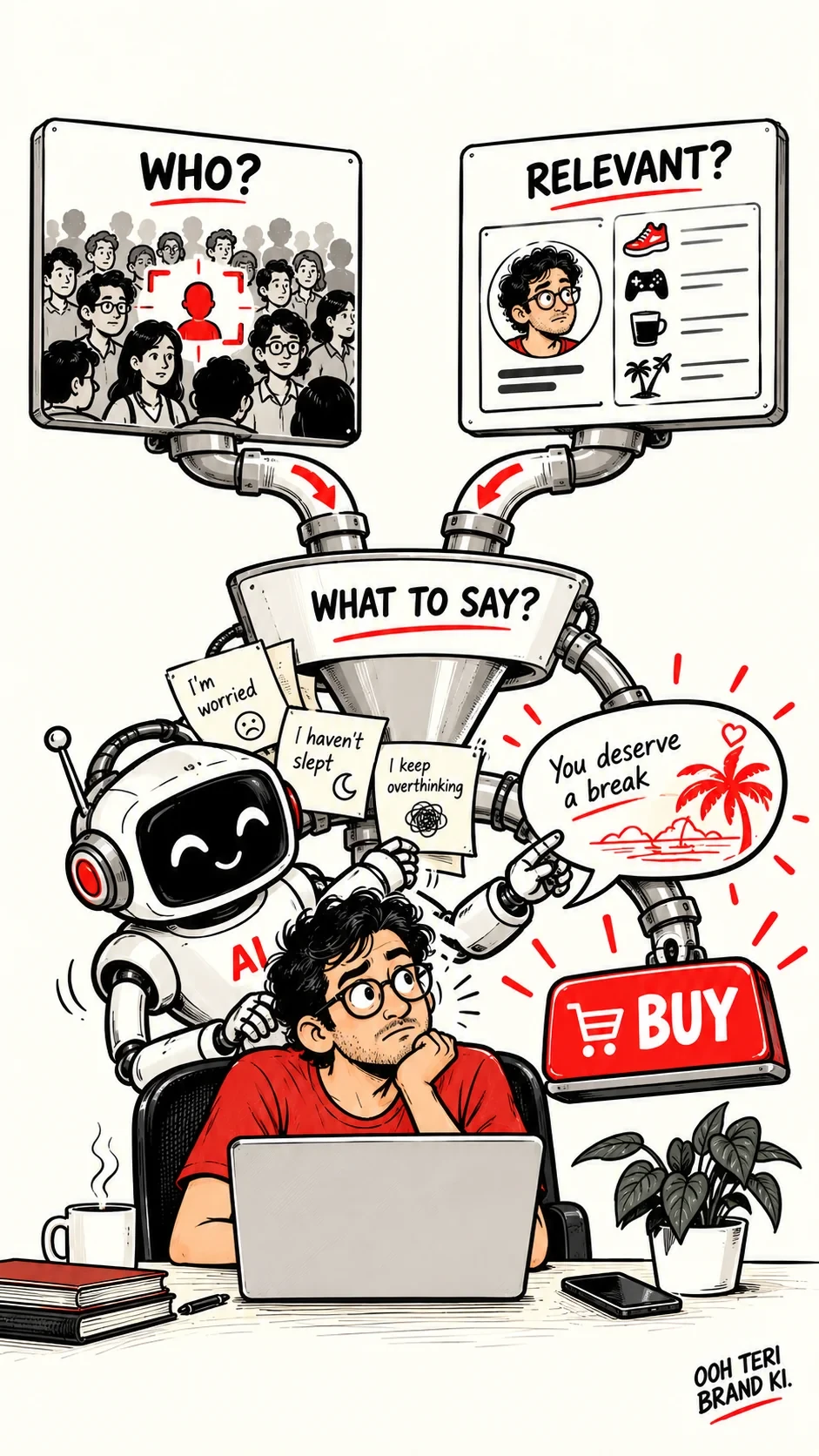 AI turns individual concerns into commercial persuasion, illustrated as a buying funnel