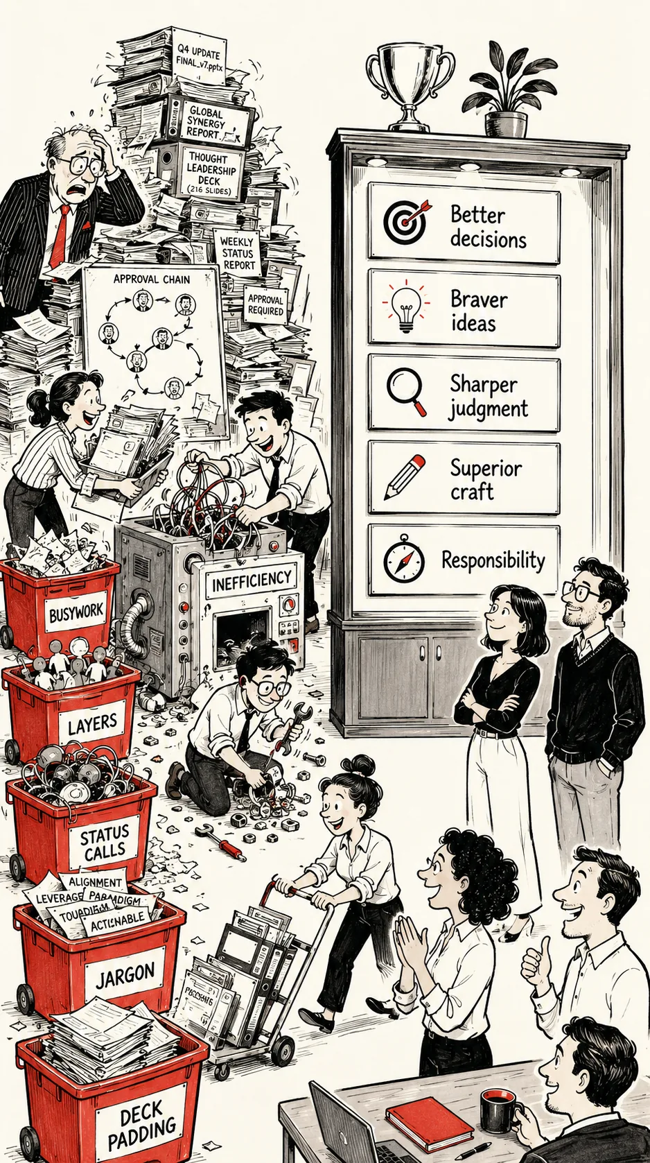 Editorial illustration contrasting agency busywork with better decisions, braver ideas, sharper judgment, superior craft and responsibility