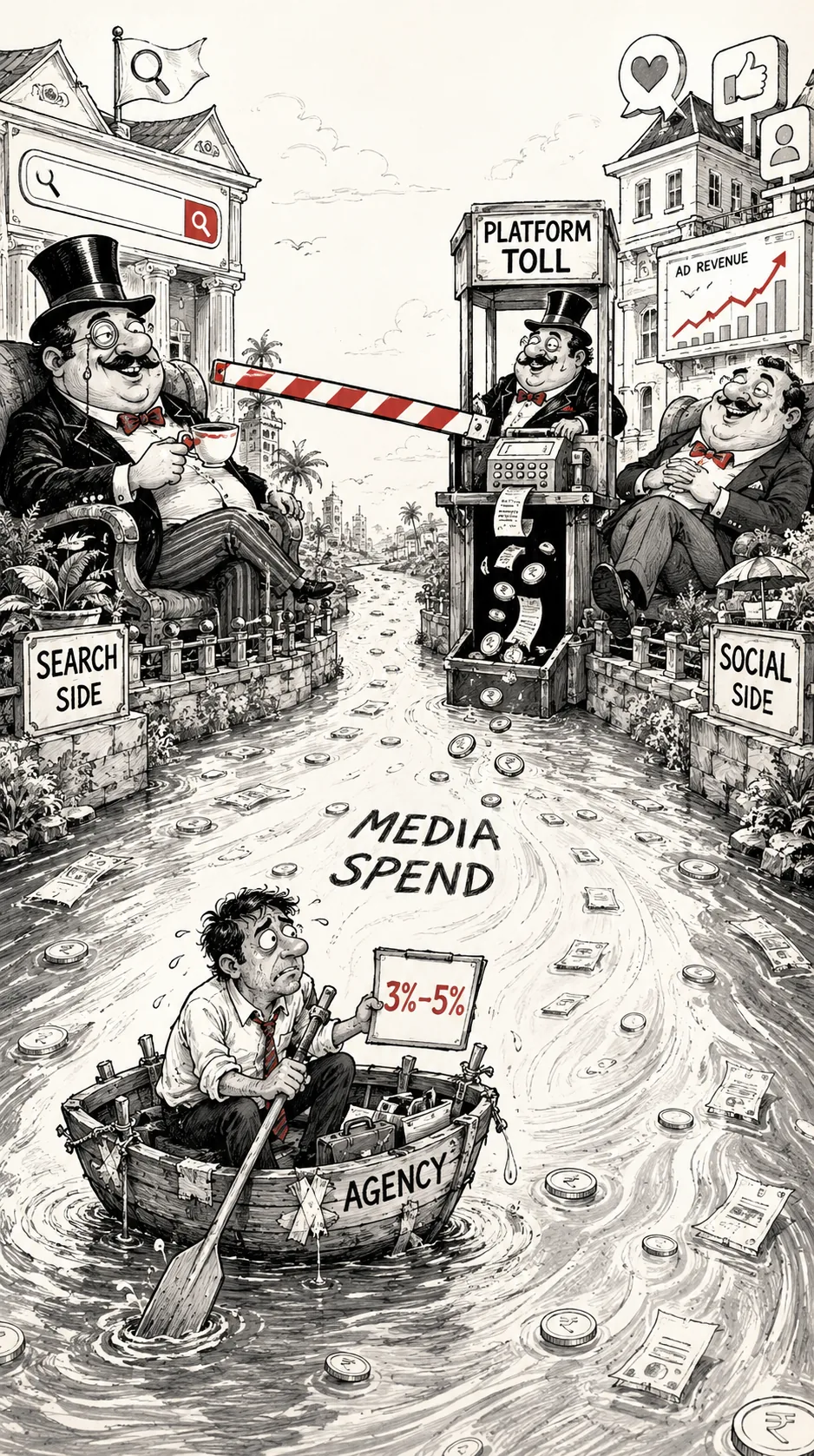 Editorial illustration of media spend flowing past an agency while search and social platforms collect tolls, with the agency holding a 3 to 5 percent margin sign